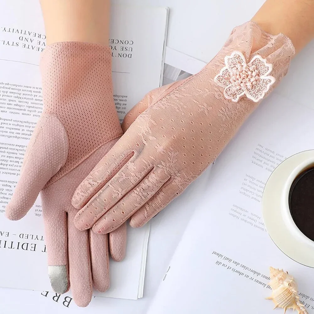 Women's Flower Pink Lace Gloves Summer Protection Wedding Parties Tea Prom